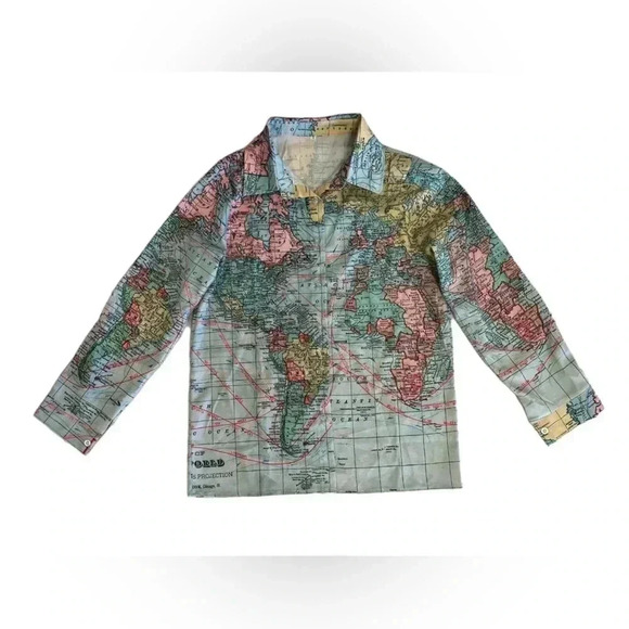 Misslook Map Of  The World Long Sleeve Button Down Blouse Size Medium - Picture 4 of 8